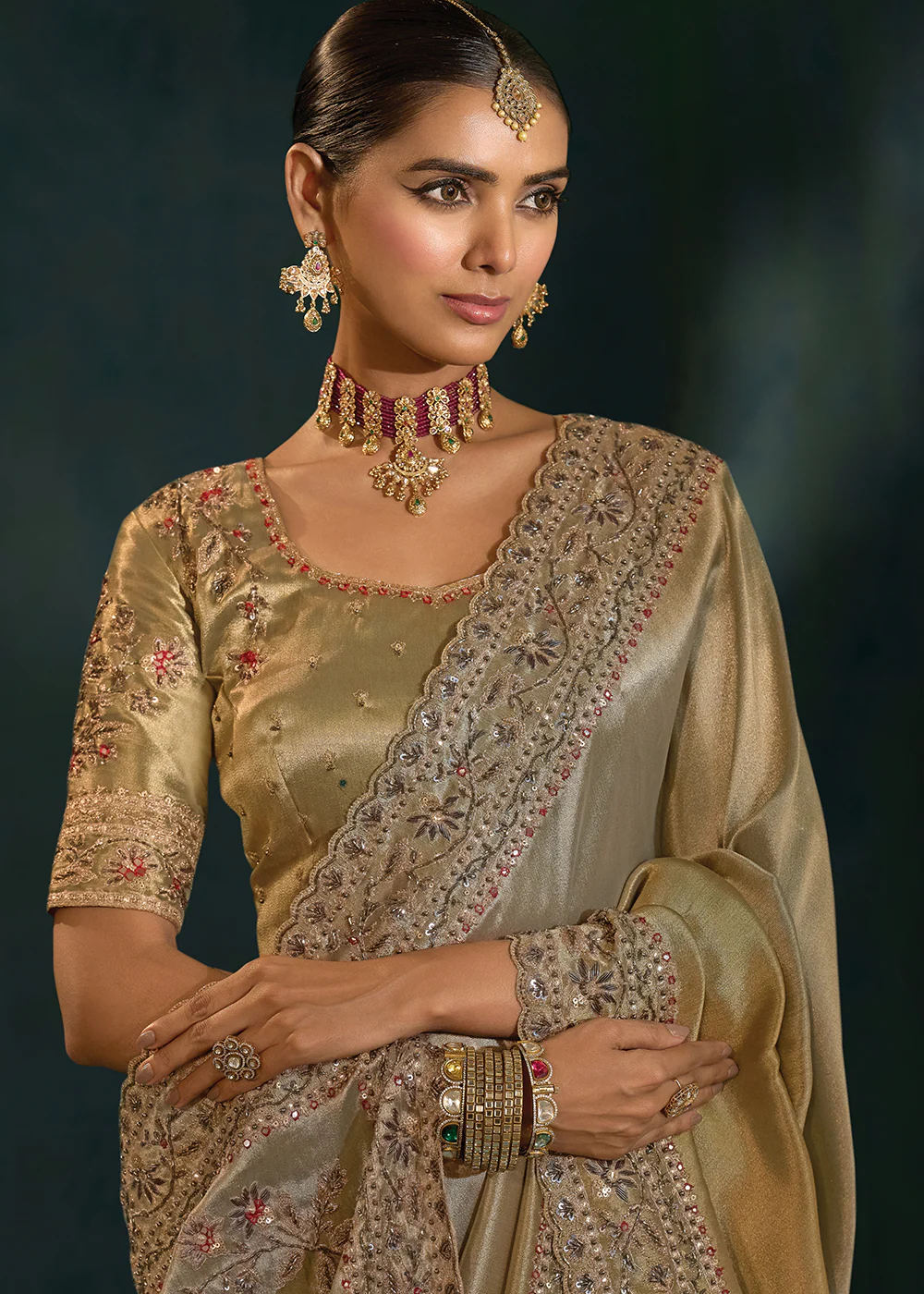 Grey Cut Dana & Mirror Work Designer Saree - Image 2
