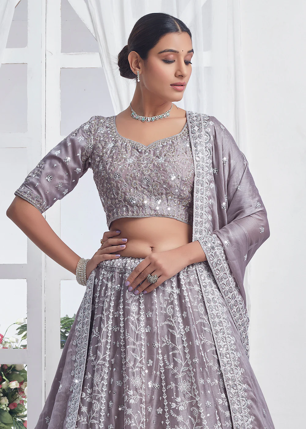 Grey Designer Style Embroidered Wedding Lehenga Choli - Image 2