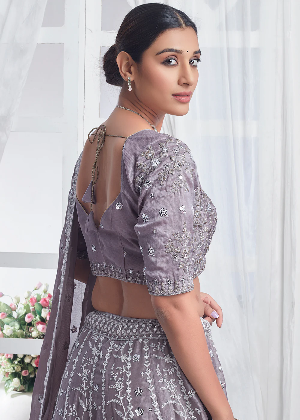 Grey Designer Style Embroidered Wedding Lehenga Choli - Image 3