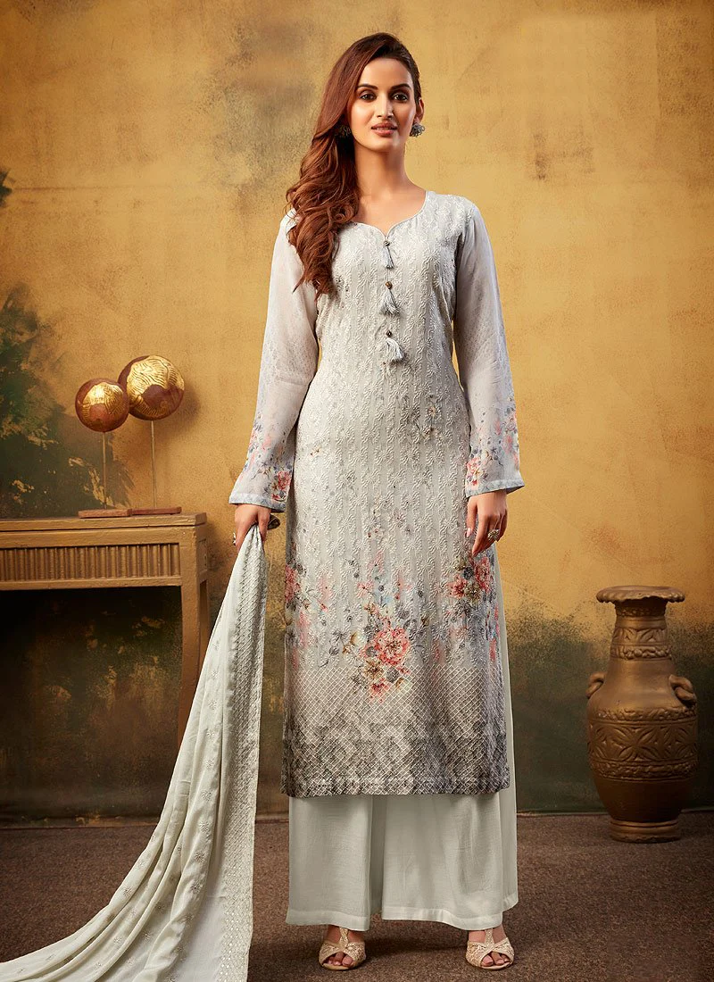 Grey Embroidered Bamber Georgette Palazzo Suit
