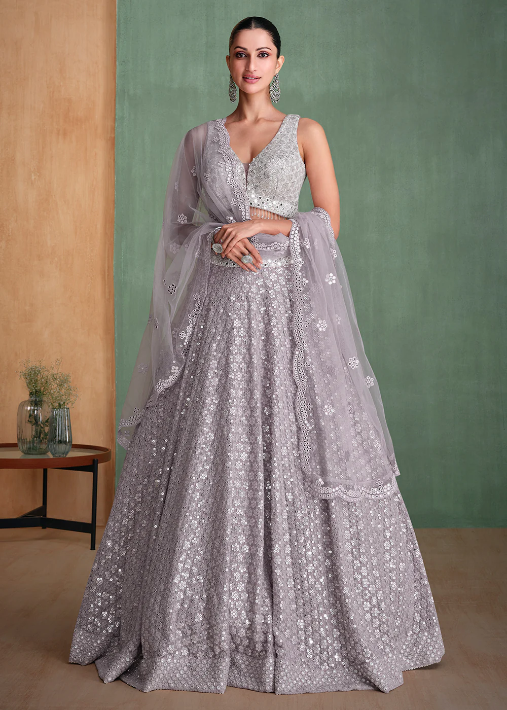 Grey Embroidered Georgette Designer Party Style Lehenga Choli