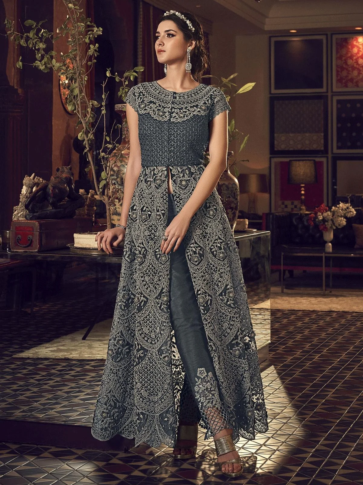 Grey Embroidered High Slit Anarkali Suit - Image 3
