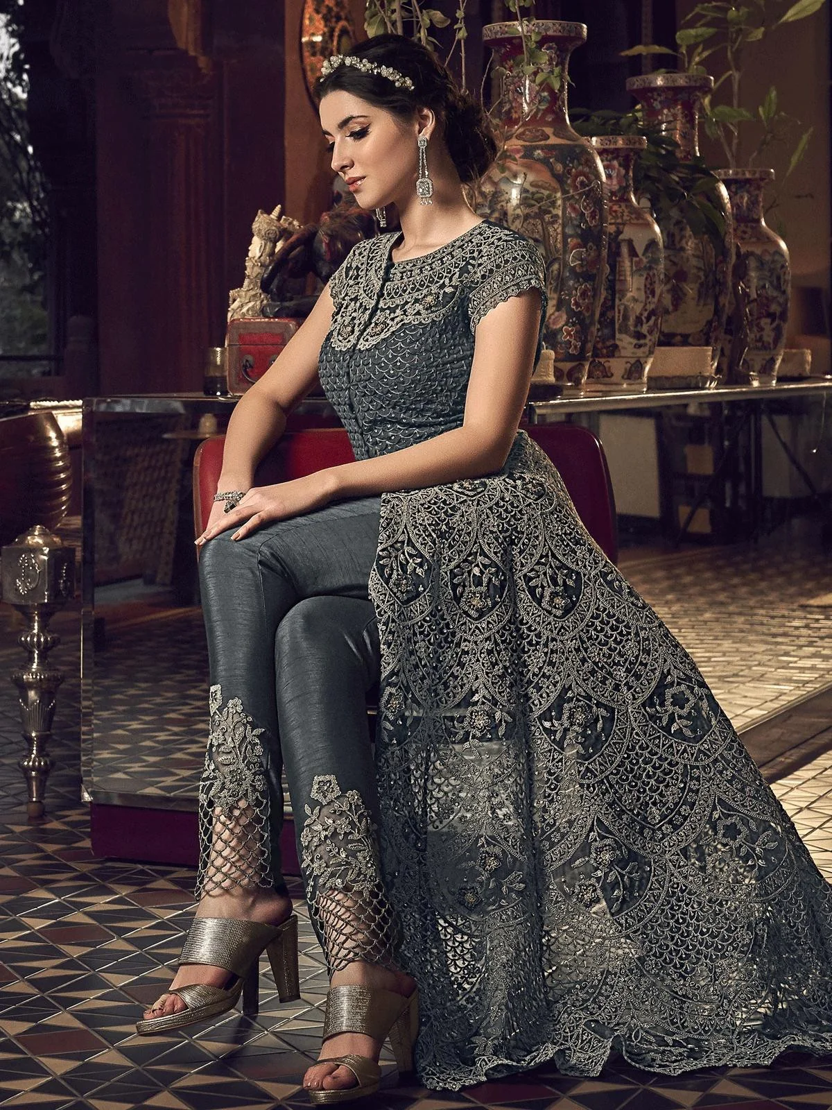 Grey Embroidered High Slit Anarkali Suit - Image 4