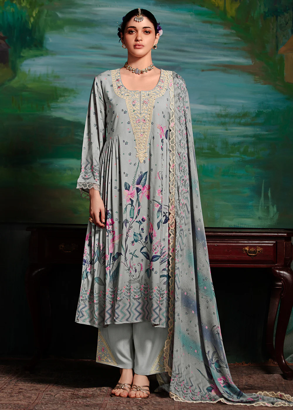 Grey Embroidered Muslin Festive Style Salwar Suit
