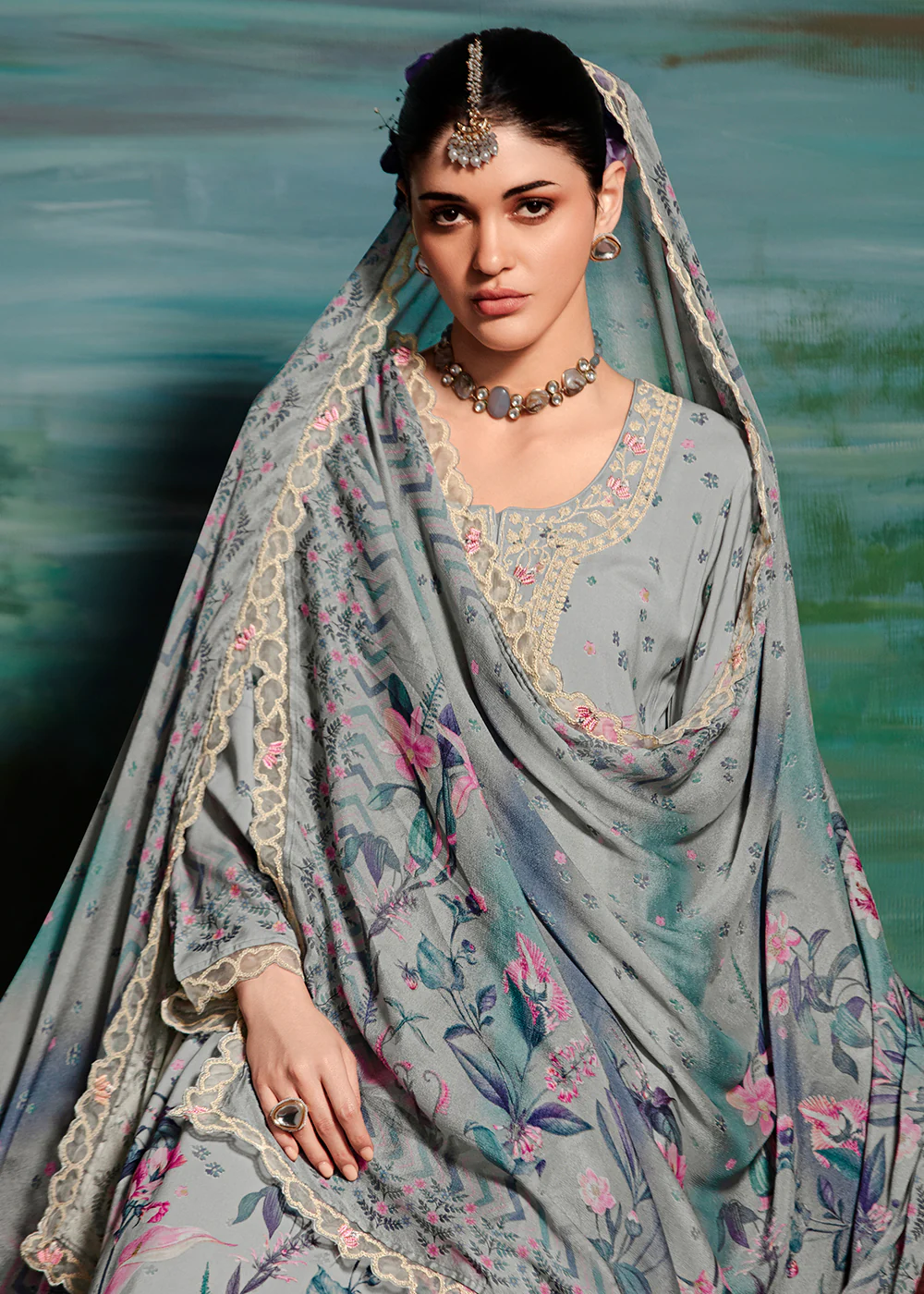 Grey Embroidered Muslin Festive Style Salwar Suit - Image 2