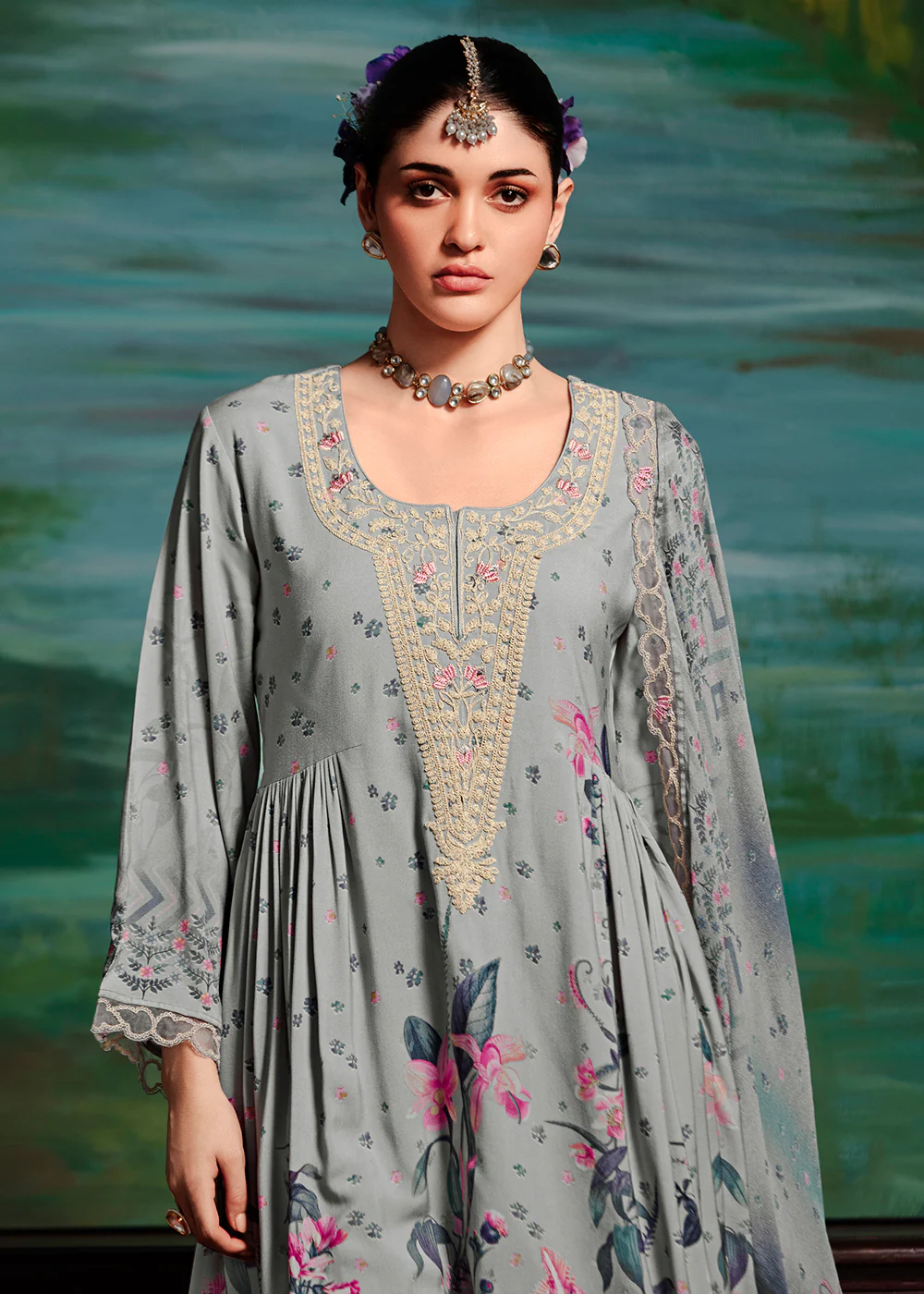 Grey Embroidered Muslin Festive Style Salwar Suit - Image 3