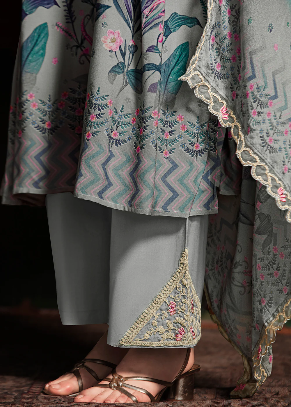 Grey Embroidered Muslin Festive Style Salwar Suit - Image 4