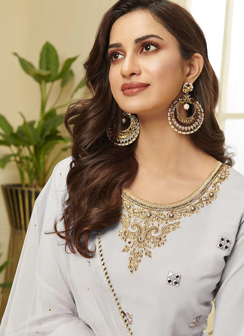Grey Embroidered Faux Georgette Gota Work Sharara Suit - Image 2