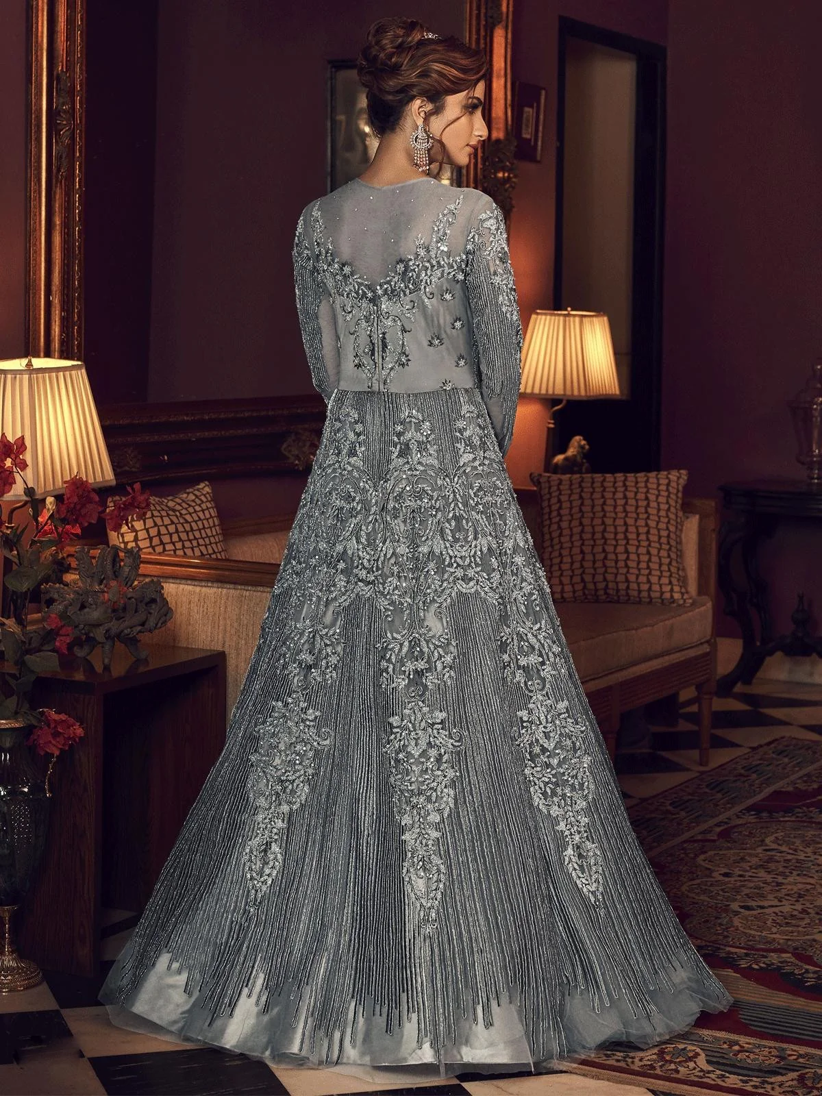 Grey Embroidered Traditional Style Anarkali Suit - Image 2