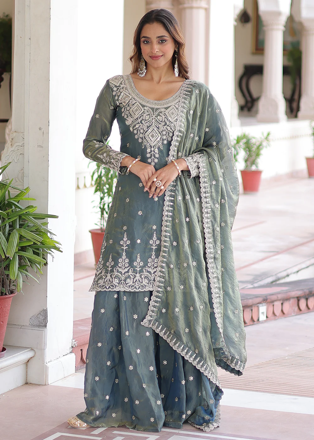 Grey Fendy Silk Cording Sequins Palazzo Style Suit