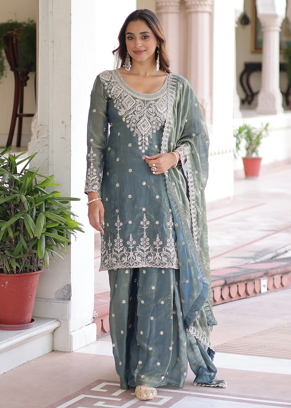 Grey Fendy Silk Cording Sequins Palazzo Style Suit - Image 7