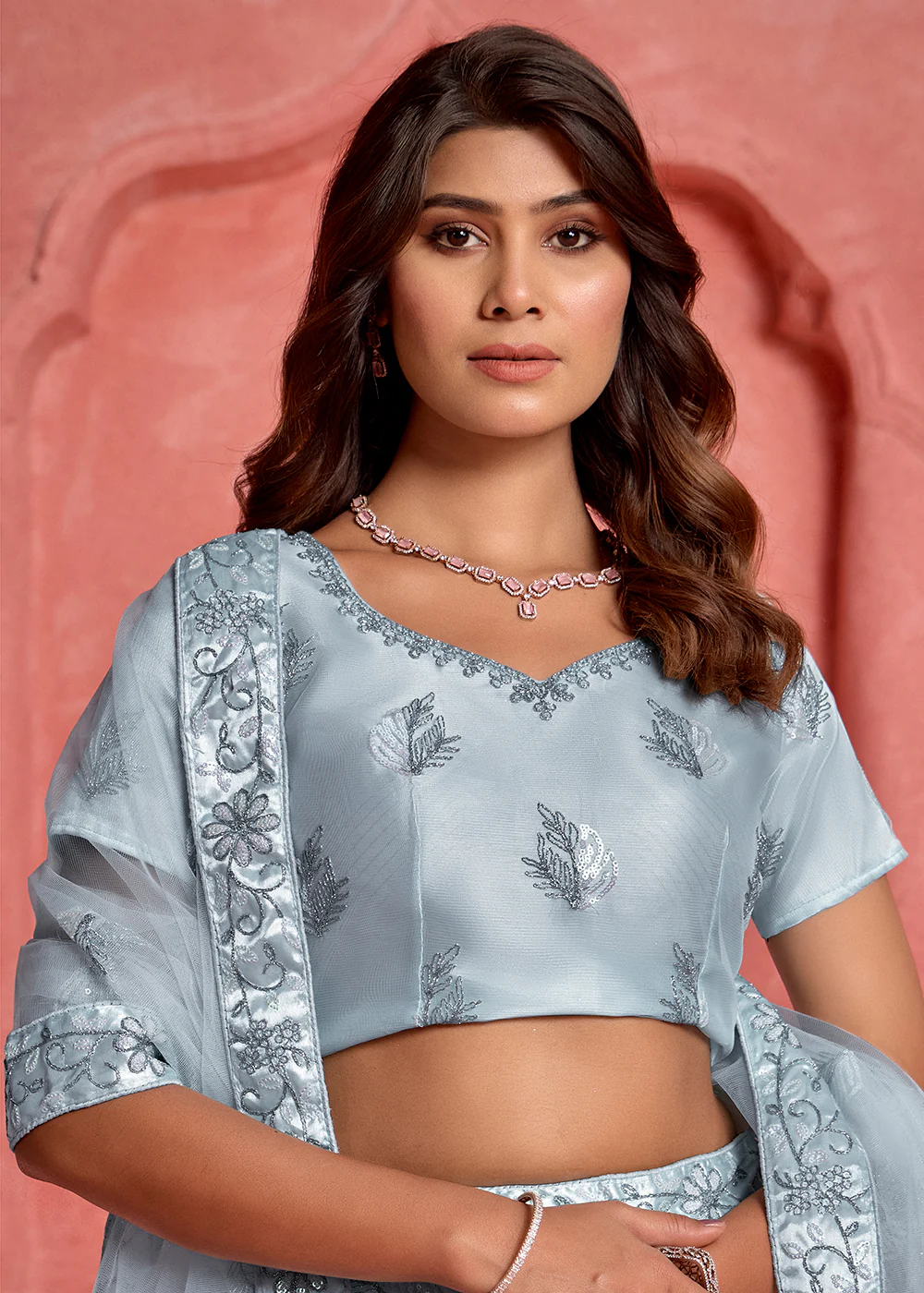 Grey Floral Embroidered Wedding Festive Lehenga Choli - Image 2