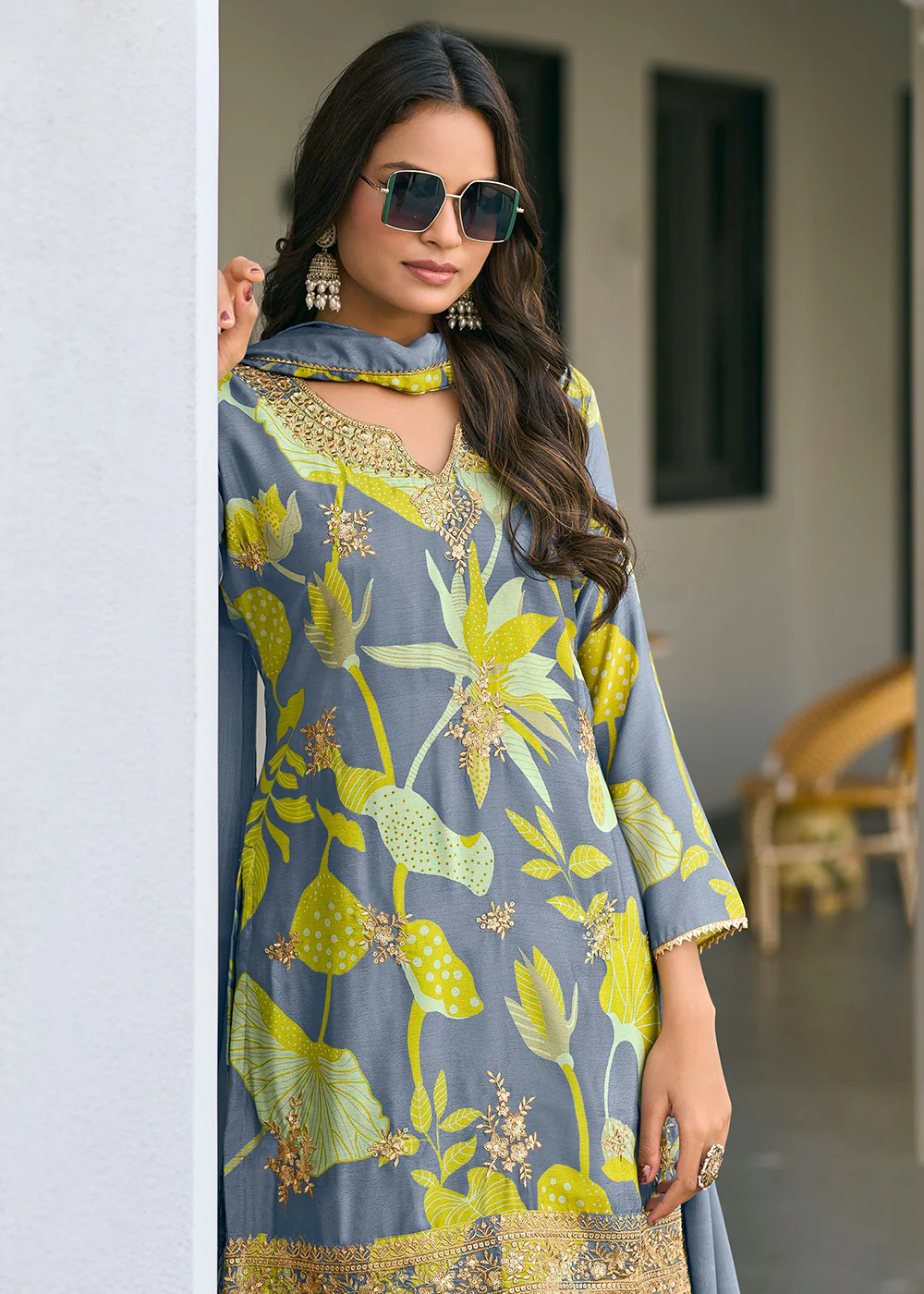 Grey Floral Printed & Embroidered Festive Palazzo Suit - Image 2
