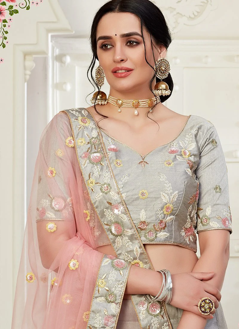 Grey Frilled Embroidered Art Silk Lehenga Choli - Image 2