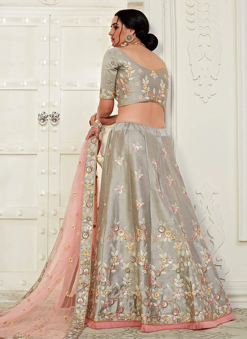 Grey Frilled Embroidered Art Silk Lehenga Choli - Image 3