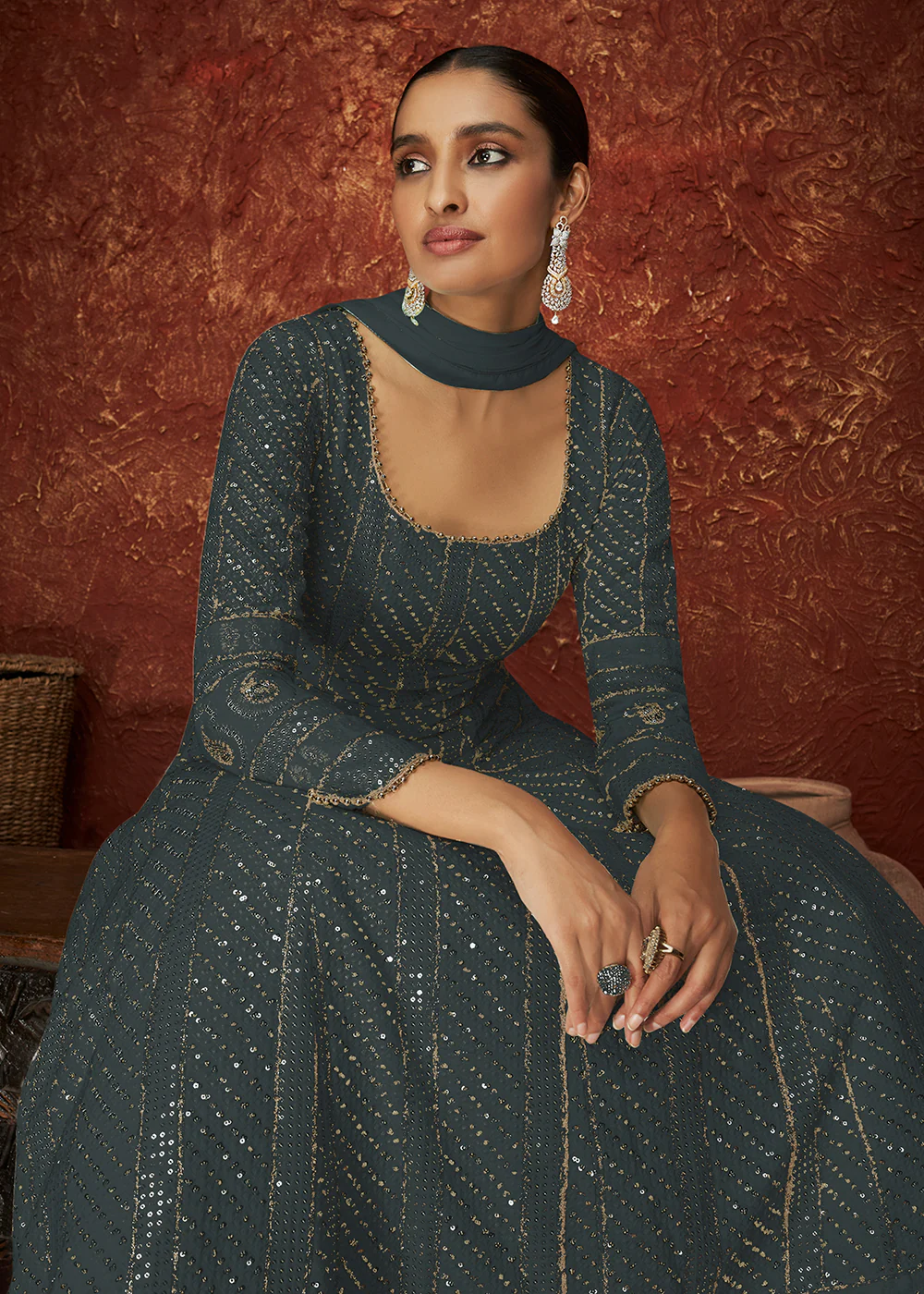 Grey Georgette Long Embroidered Anarkali Suit - Image 2