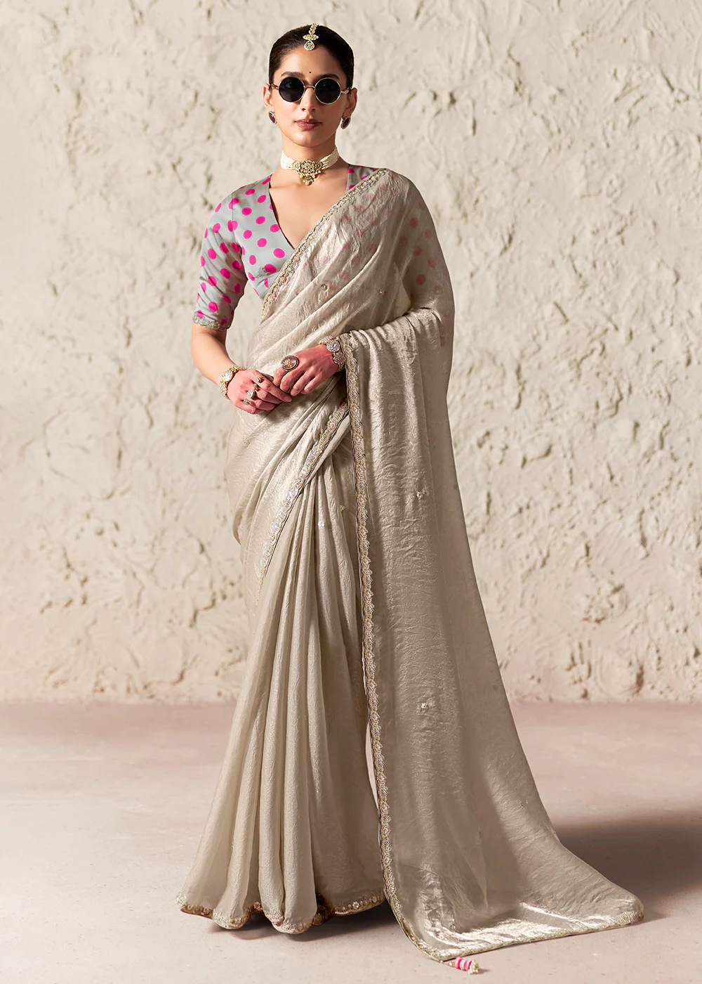 Grey Glass Tissue Organza Designer Wear Saree