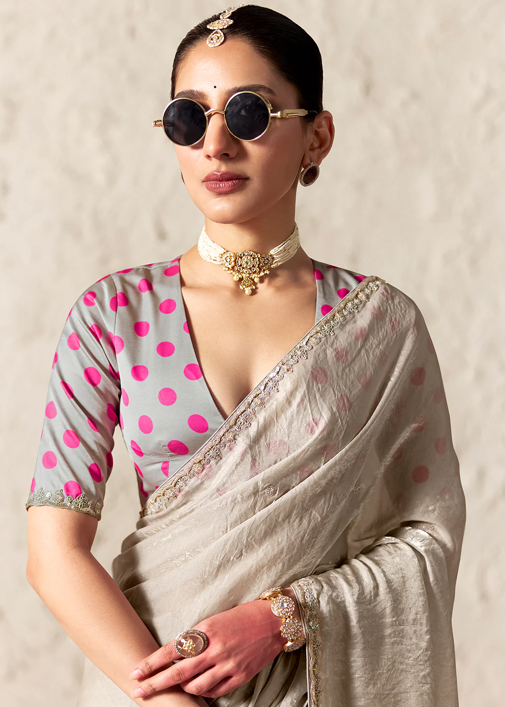 Grey Glass Tissue Organza Designer Wear Saree - Image 2