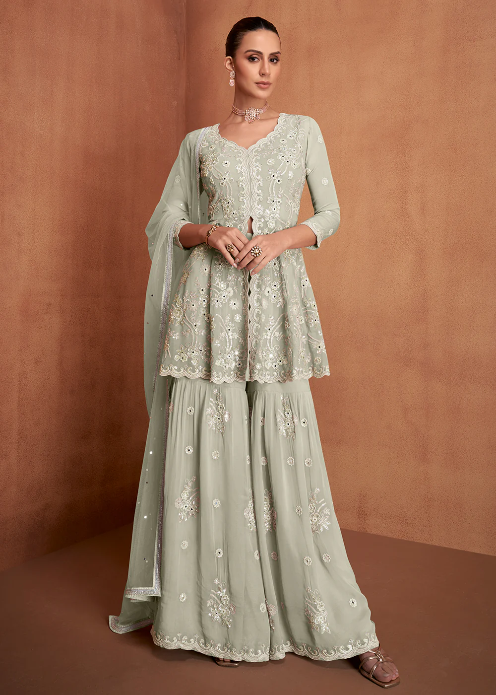 Grey Green Georgette Embroidery Eid Wear Gharara Suit