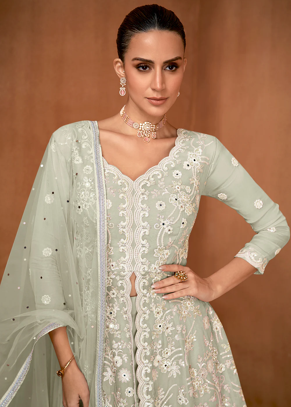 Grey Green Georgette Embroidery Eid Wear Gharara Suit - Image 2