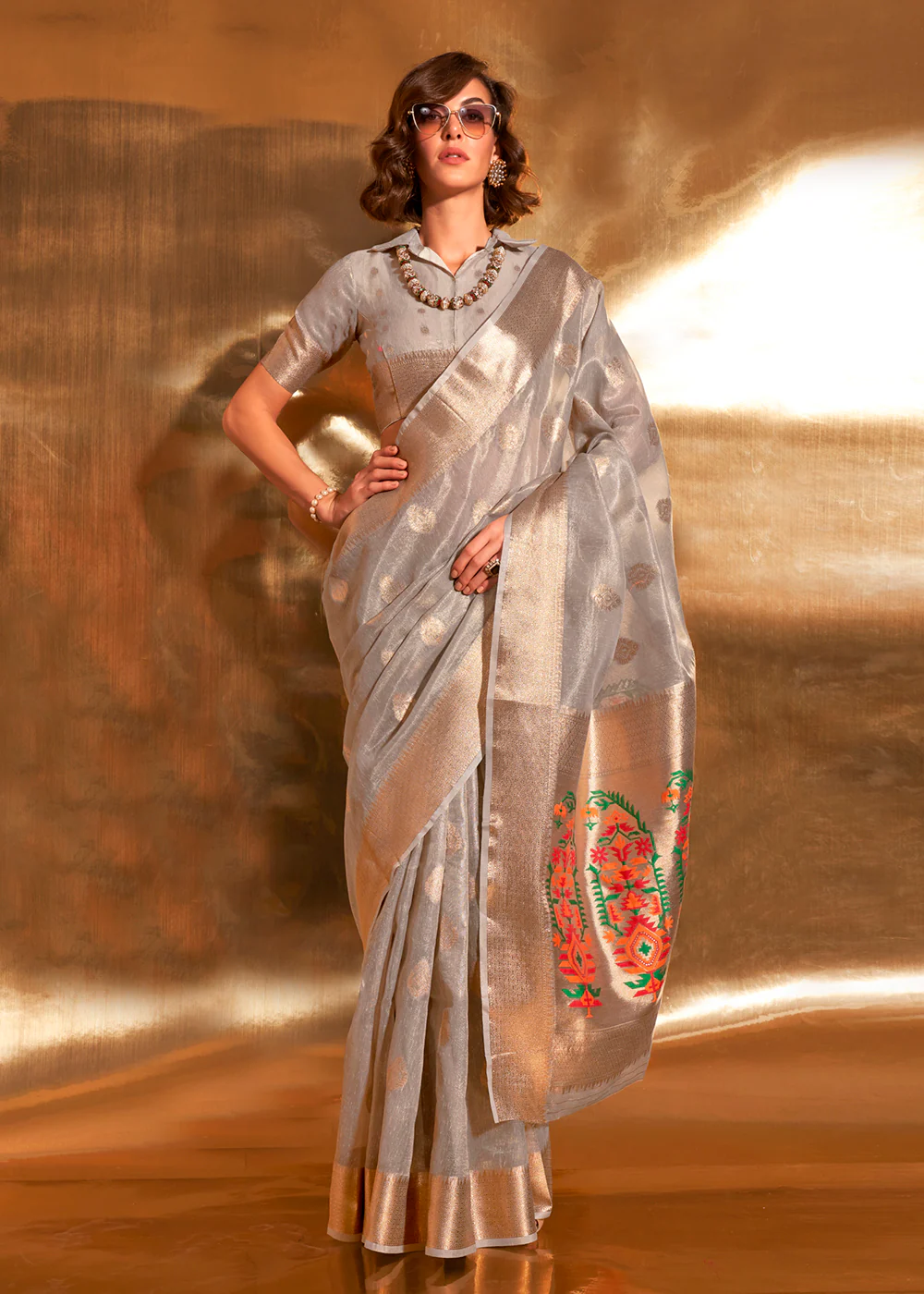 Grey Handwoven Tissue Fabric Festive & Party Style Saree