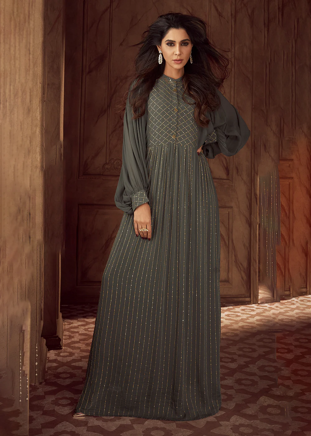 Grey Heavy Georgette Embroidered Wedding Party Anarkali Gown