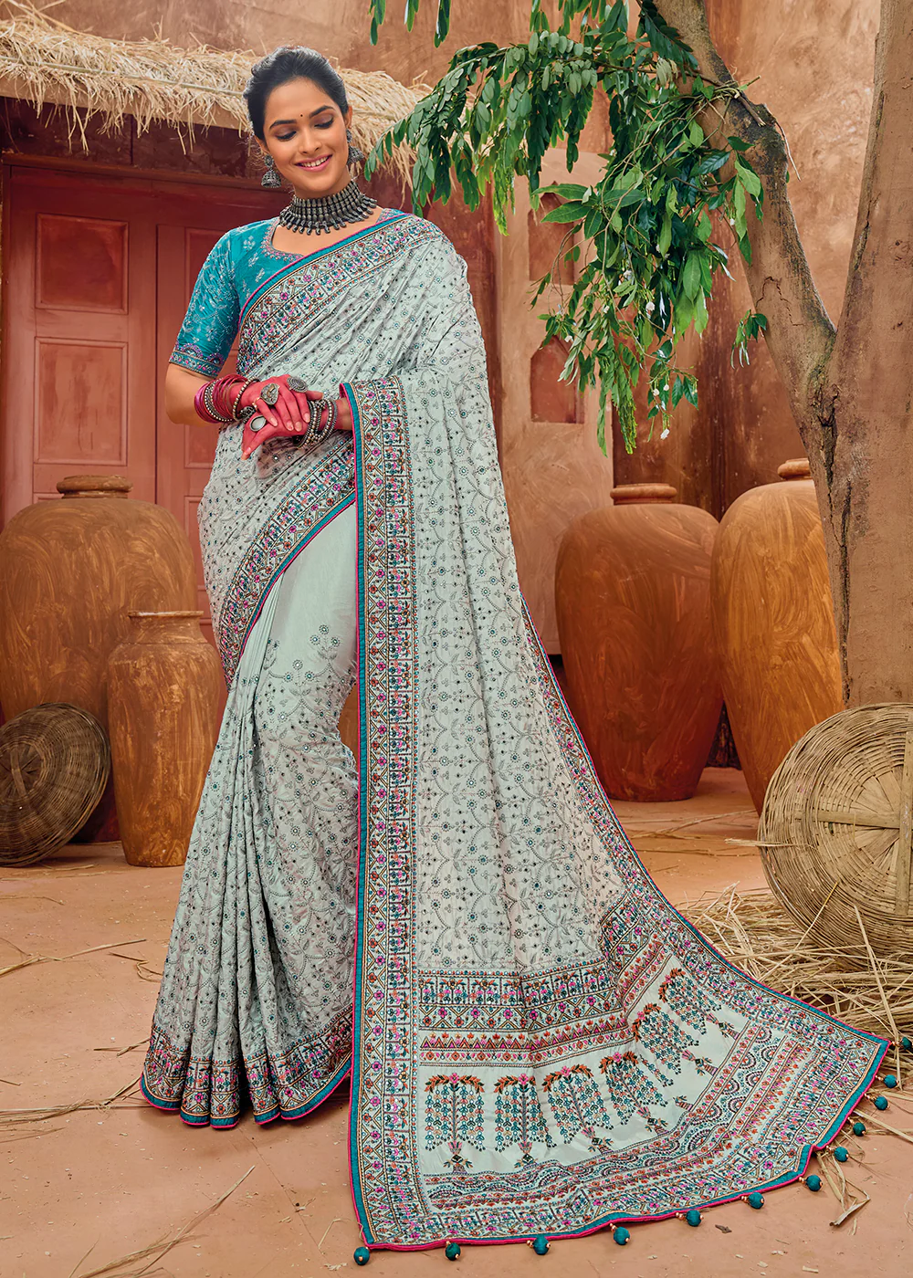 Grey Kachhi & Mirror Work Traditional Banarasi Saree