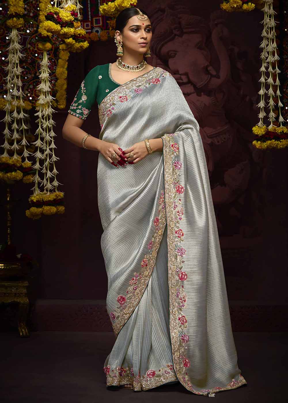 Grey Kanjivaram Silk Embroidered Designer Saree
