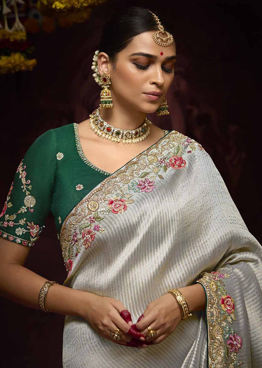 Grey Kanjivaram Silk Embroidered Designer Saree - Image 2