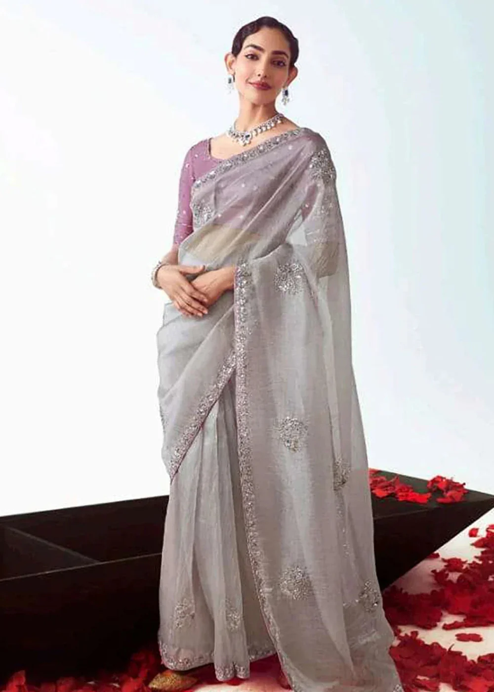 Grey & Lilac Fancy Fabric Embroidered Designer Saree