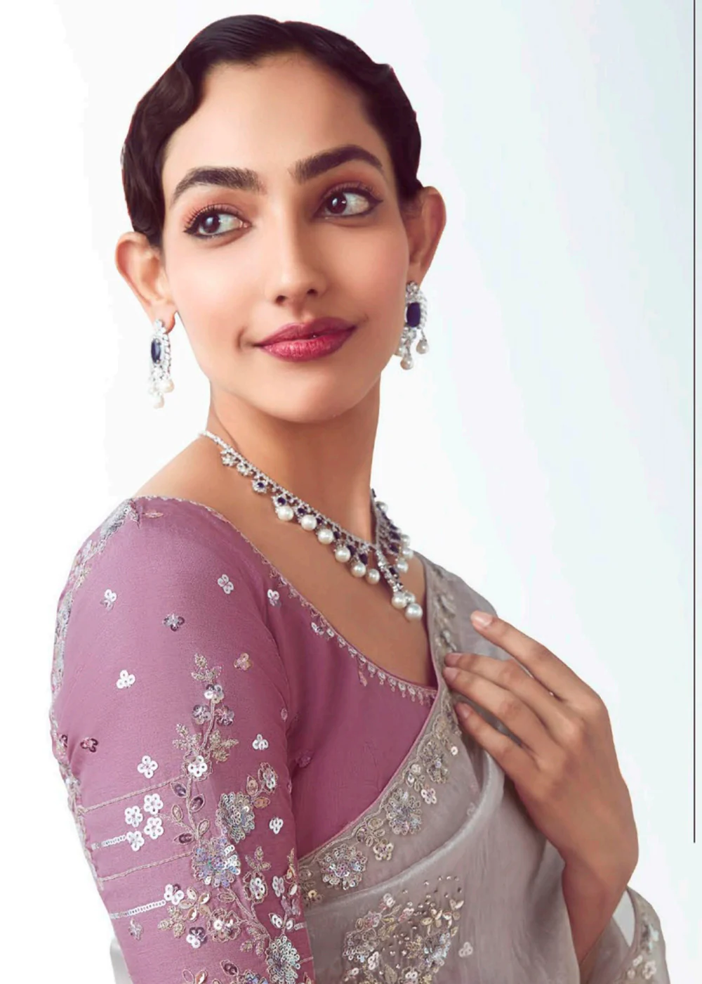 Grey & Lilac Fancy Fabric Embroidered Designer Saree - Image 2