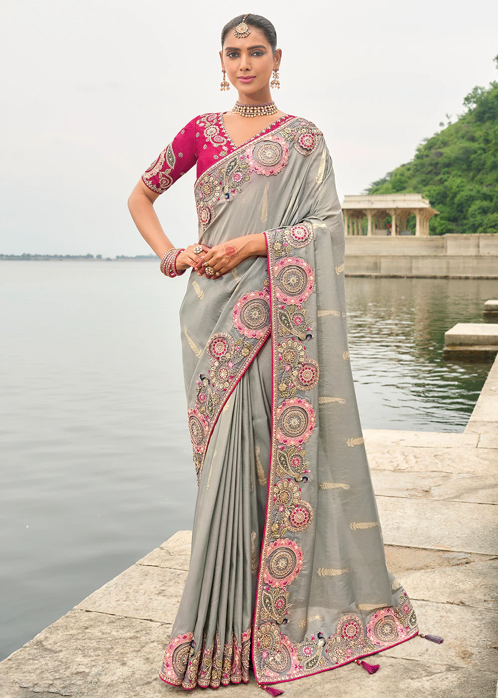 Grey Magenta Viscose Tissue Silk Designer Saree
