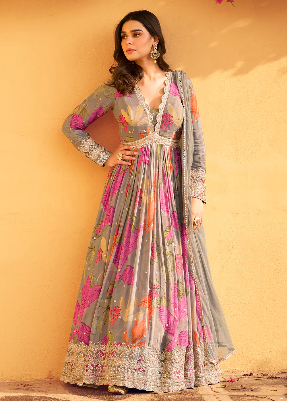 Grey Multi Embroidered Wedding Festive Anarkali Gown