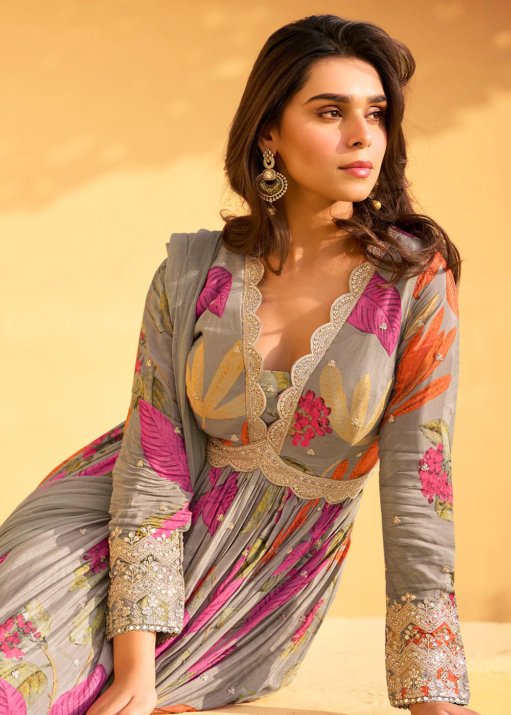 Grey Multi Embroidered Wedding Festive Anarkali Gown - Image 2