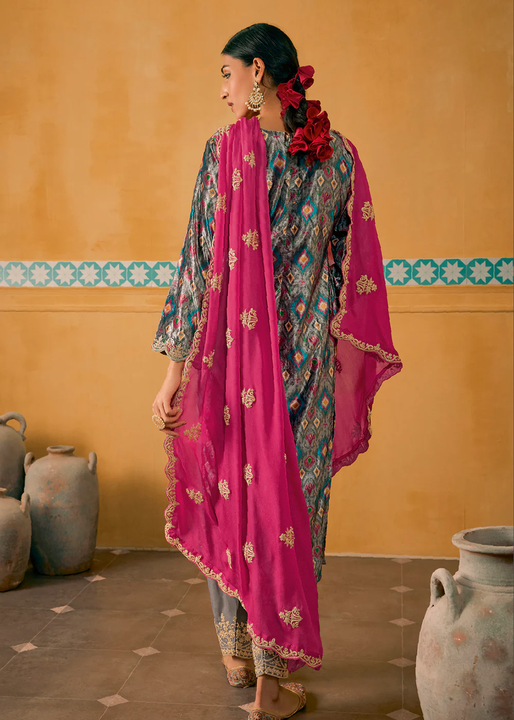 Grey Multicolor Digital Printed Embroidered Velvet Salwar Suit - Image 3