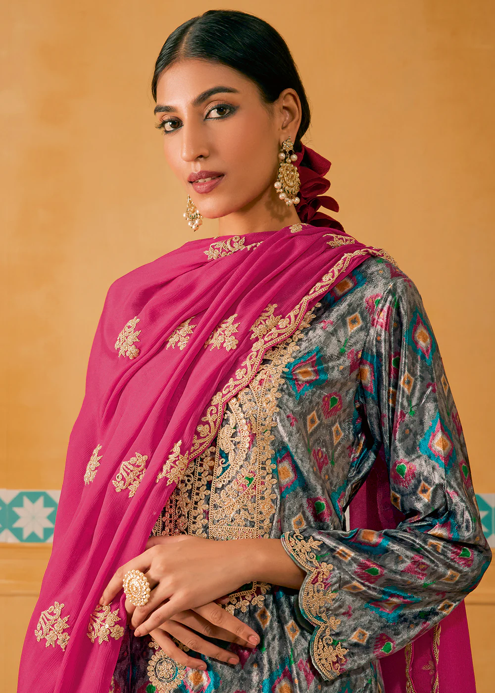 Grey Multicolor Digital Printed Embroidered Velvet Salwar Suit - Image 4