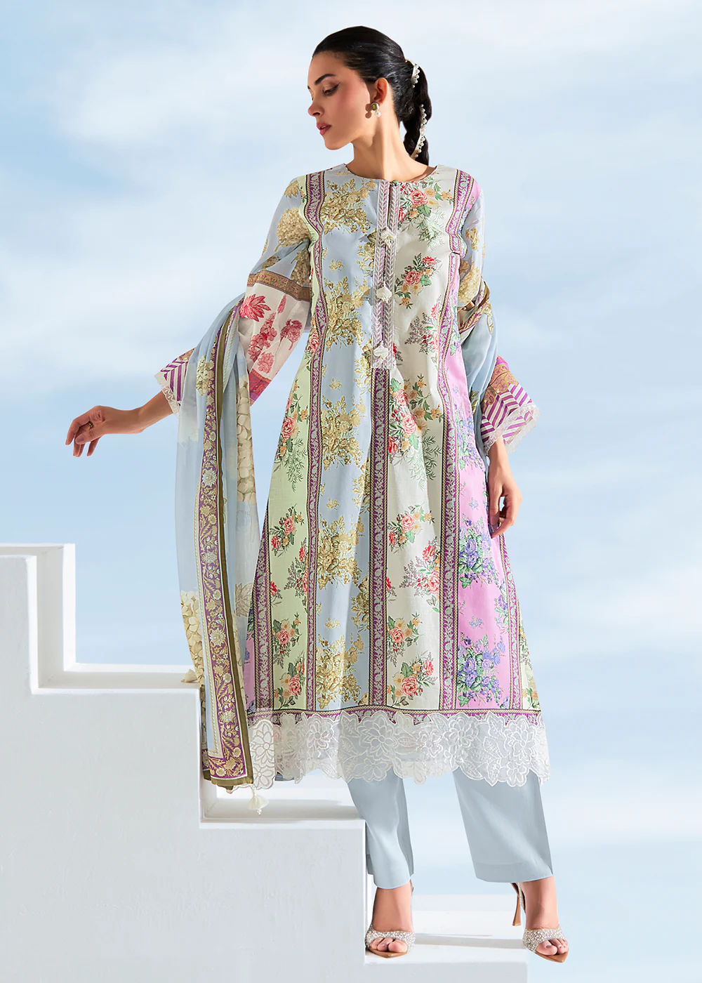 Grey Multicolor Digital Printed Festive Pant Style Suit