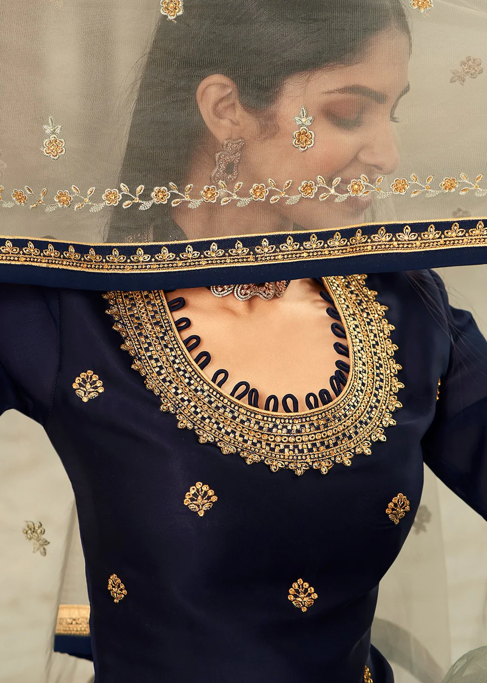 Grey & Navy Blue Long Kurti Style Embroidered Lehenga - Image 2