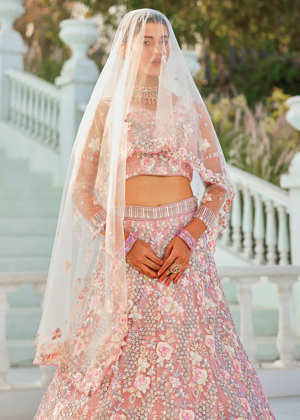 Grey Net Sequins & Zarkan Embroidered Bridal Lehenga Choli - Image 4