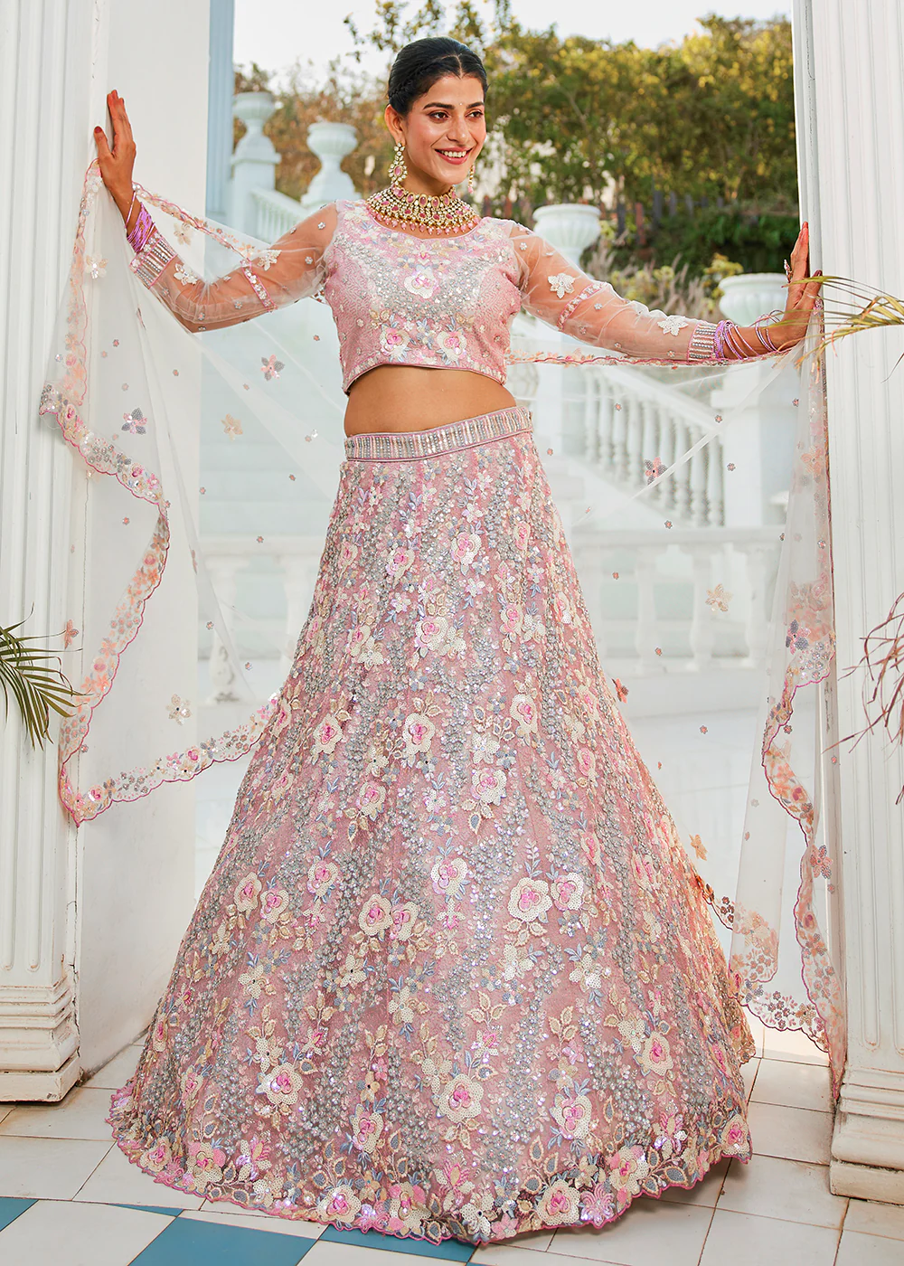 Grey Net Sequins & Zarkan Embroidered Bridal Lehenga Choli - Image 5