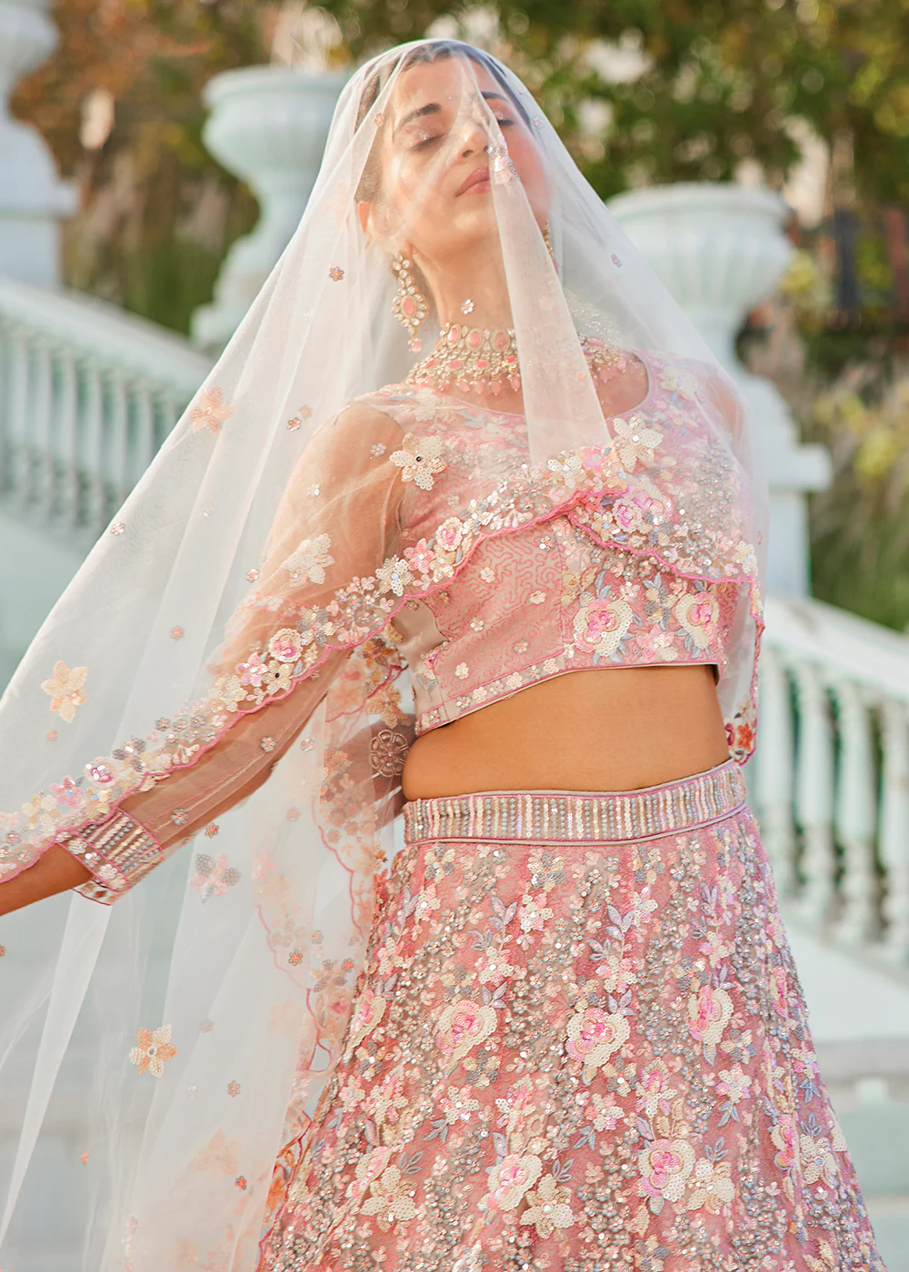 Grey Net Sequins & Zarkan Embroidered Bridal Lehenga Choli - Image 7