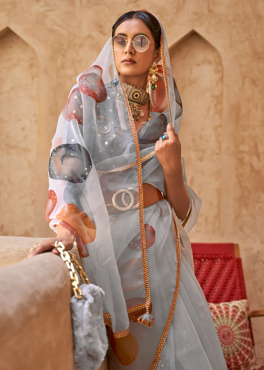 Grey Organza Net Printed Embroidered Classic Indian Saree - Image 2