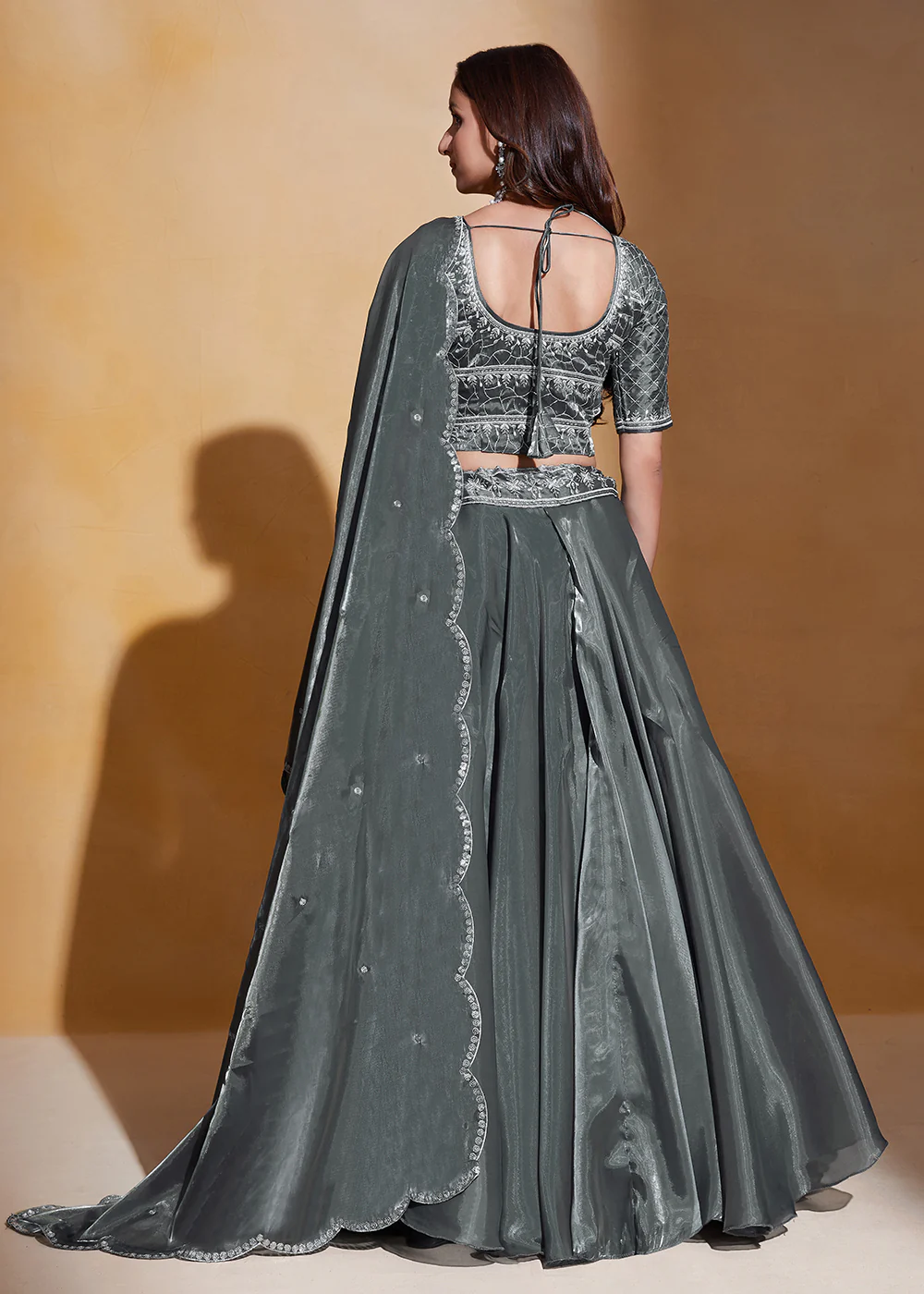Grey Organza Silk A Line Festive Party Lehenga Choli - Image 3