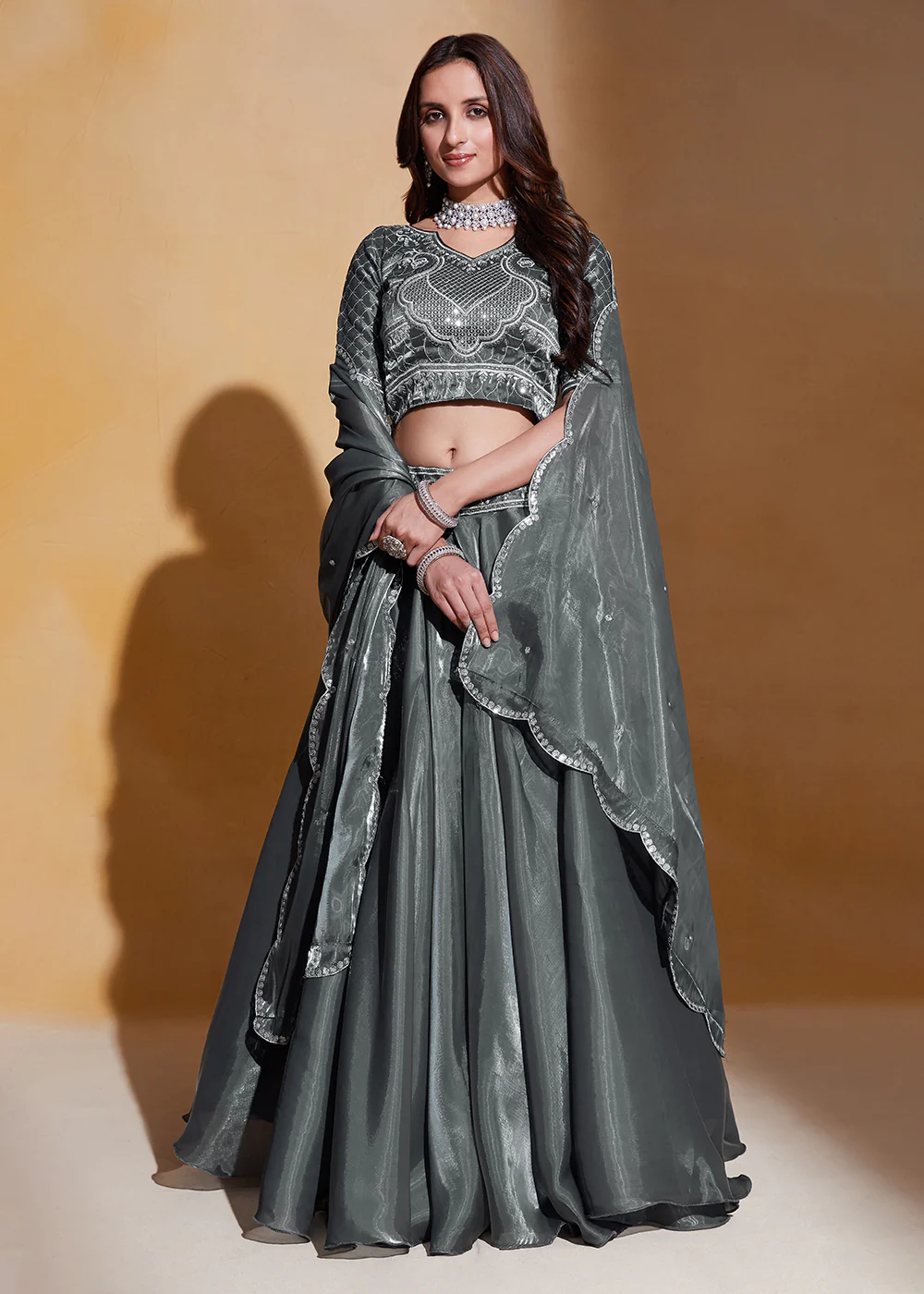 Grey Organza Silk A Line Festive Party Lehenga Choli - Image 4