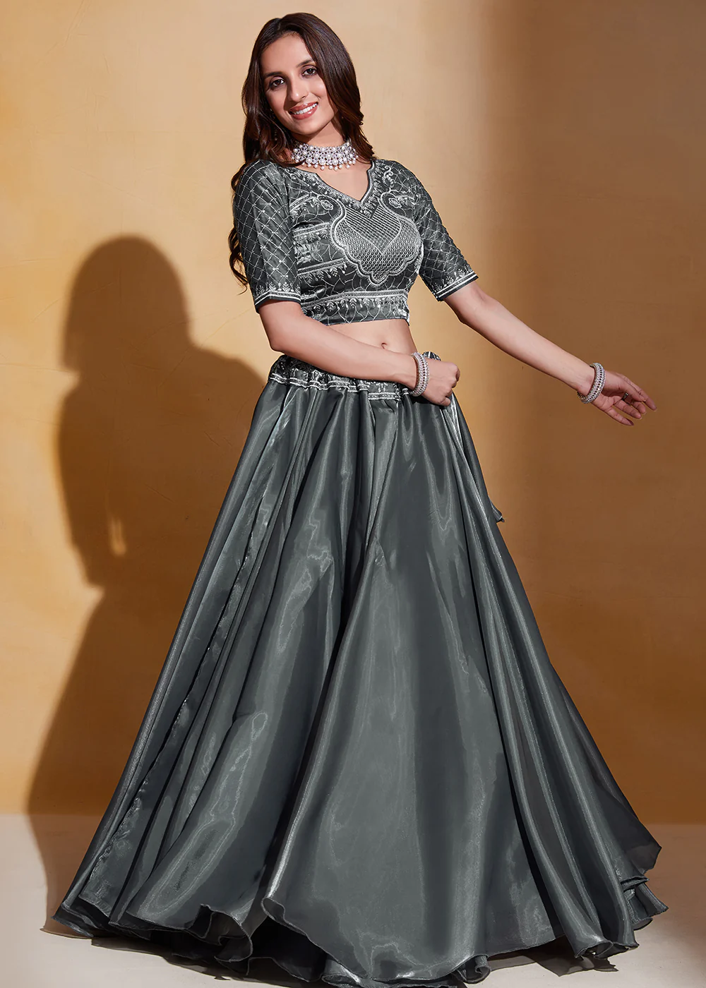 Grey Organza Silk A Line Festive Party Lehenga Choli - Image 5