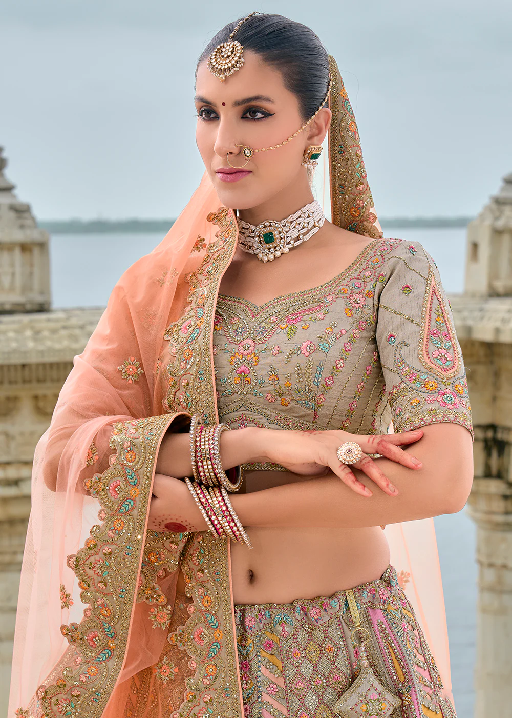 Grey Pink Silk Embroidered Bridal Wear Lehenga Choli - Image 2
