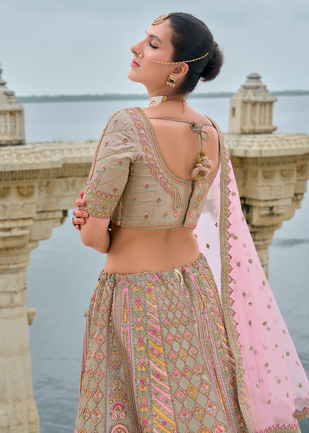 Grey Pink Silk Embroidered Bridal Wear Lehenga Choli - Image 3