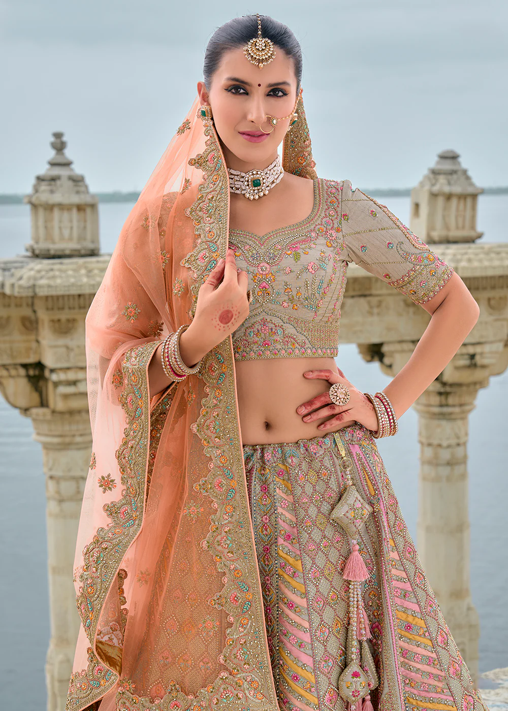 Grey Pink Silk Embroidered Bridal Wear Lehenga Choli - Image 4
