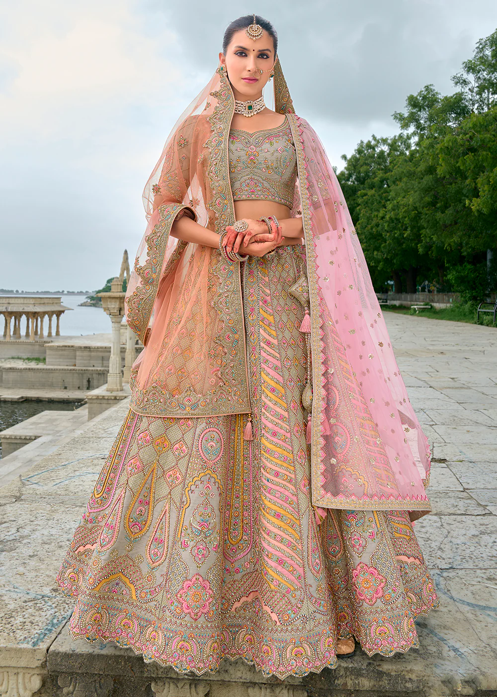 Grey Pink Silk Embroidered Bridal Wear Lehenga Choli - Image 5
