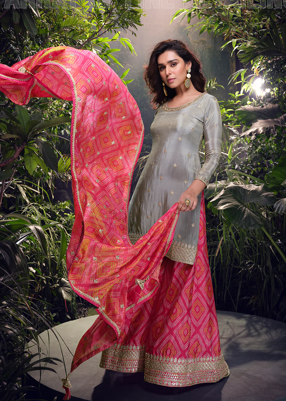 Grey & Pink Silk Embroidered Wedding Wear Palazzo Suit - Image 3